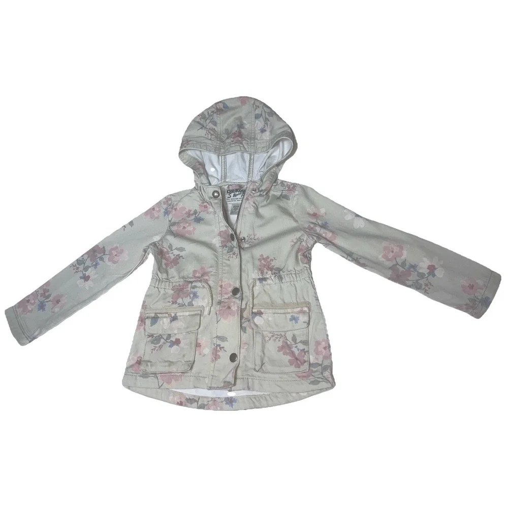 Girl 4T Oshkosh B'gosh Denim Jacket Beige Pink Blue Floral drawstring Waist